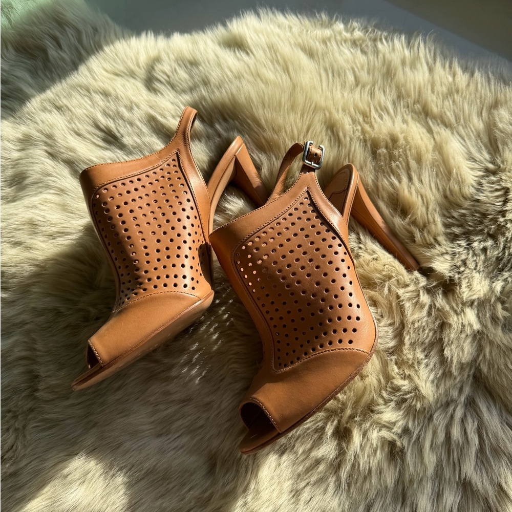 Authentic Prada Tan Cutout Peep-Toe Heels